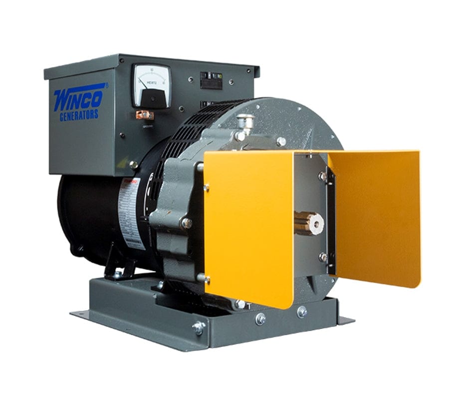 Angled rear view showing the frequency meter on the control box and the yellow shield protecting the PTO connection point.