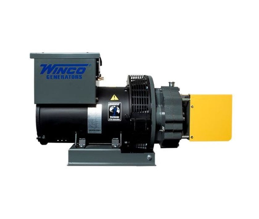 Full side view of the Winco PTO generator resting on its steel mounting base.