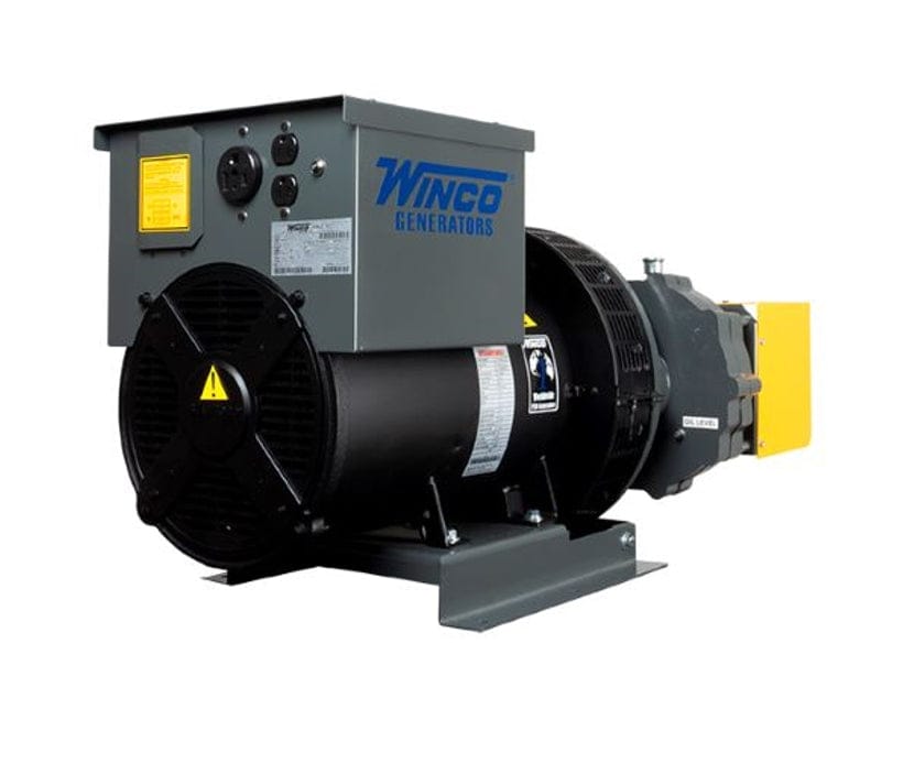 Side angle view showing the Winco Generators logo on the control box and the main cylindrical generator housing.