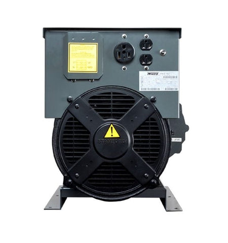 Straight on view of the output panel featuring a 50 amp plug, 20 amp plugs, and circuit breakers above the main cooling fan.