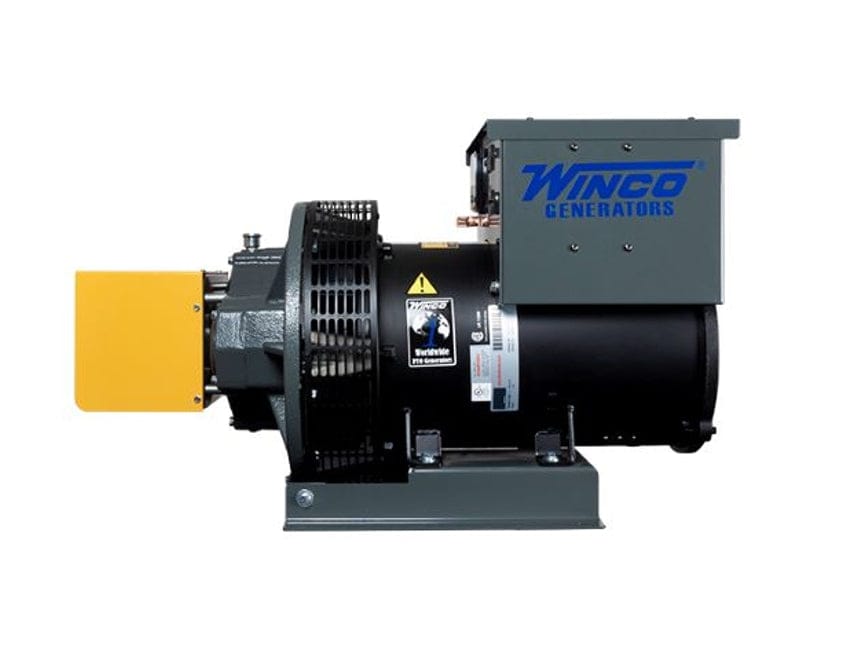 Side profile view of the generator unit showing the black housing, grey control box, and gearbox assembly.