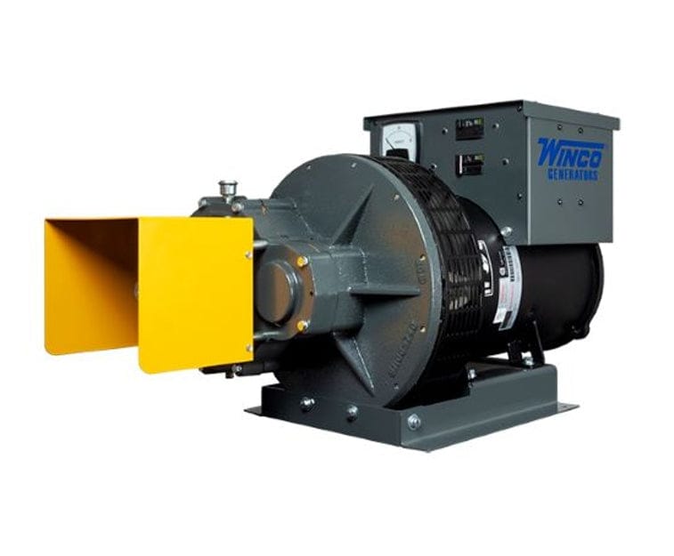 Rear quarter view of the Winco PTO generator showing the cast iron gearcase, yellow PTO safety shield, and cooling fan housing.