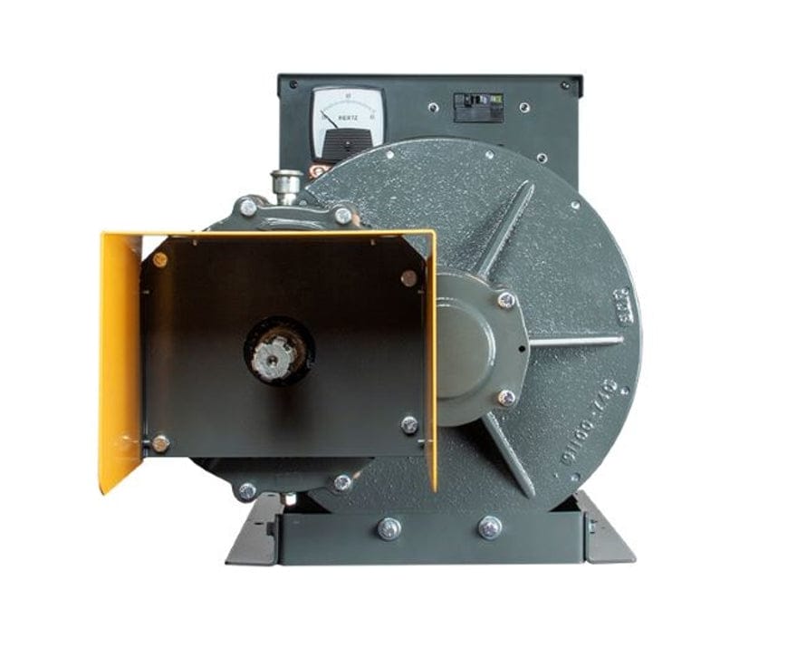 Rear view focusing on the 6-spline PTO input shaft surrounded by a yellow safety guard and the grey gearbox.