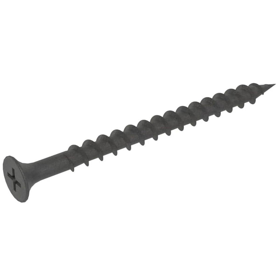 Individual Kratos 2-1/2 inch #8 coarse thread drywall screw featuring a sharp point, Phillips drive bugle head, and protective black phosphate coating for wood stud framing.