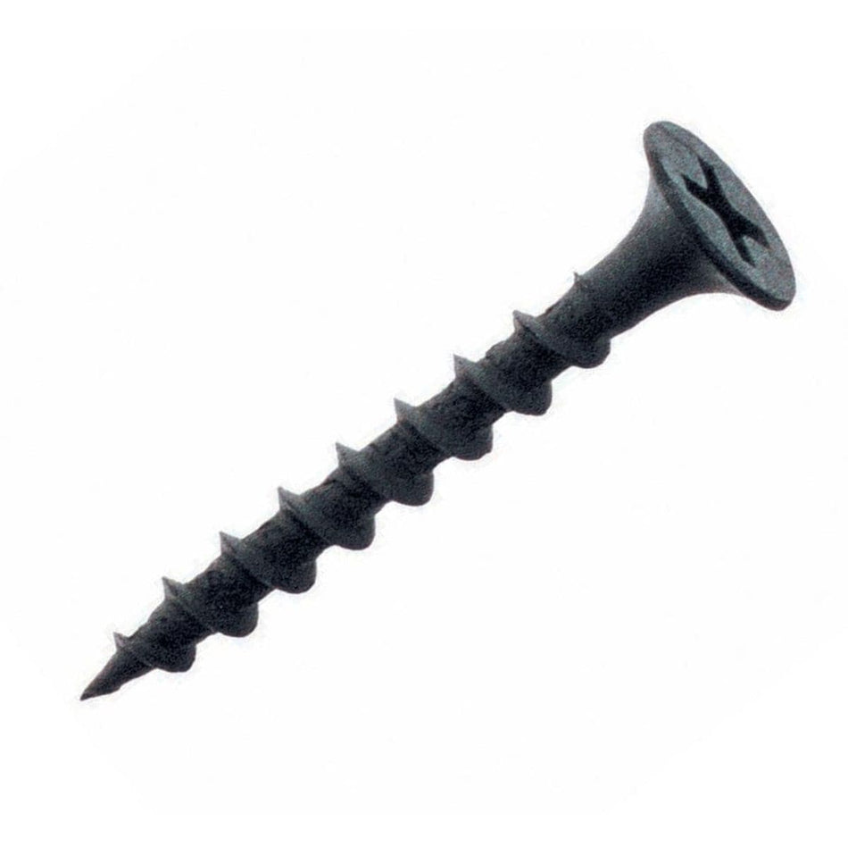 Angled view of a Kratos 2-inch black phosphate coated drywall screw demonstrating the aggressive coarse thread design optimized for maximum holding power in wood framing.