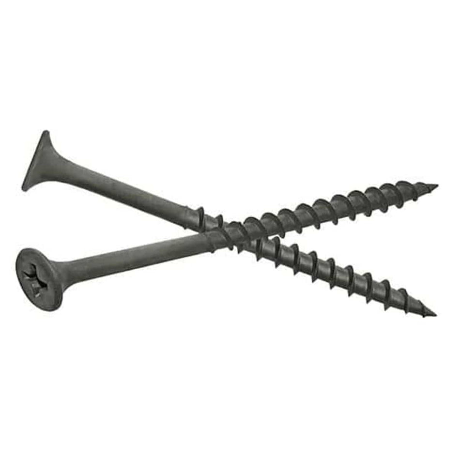 Two Kratos 3-inch coarse thread drywall screws crossed to show the Phillips drive bugle head and industrial black phosphate finish.