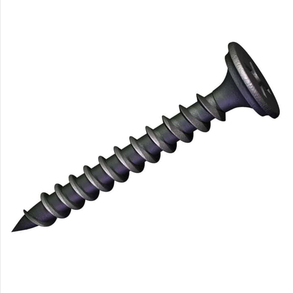 Individual Kratos #6 x 1-1/4 inch fine thread drywall screw with a sharp piercing point, industrial black phosphate coating, and reduced Phillips bugle head for metal stud fastening.