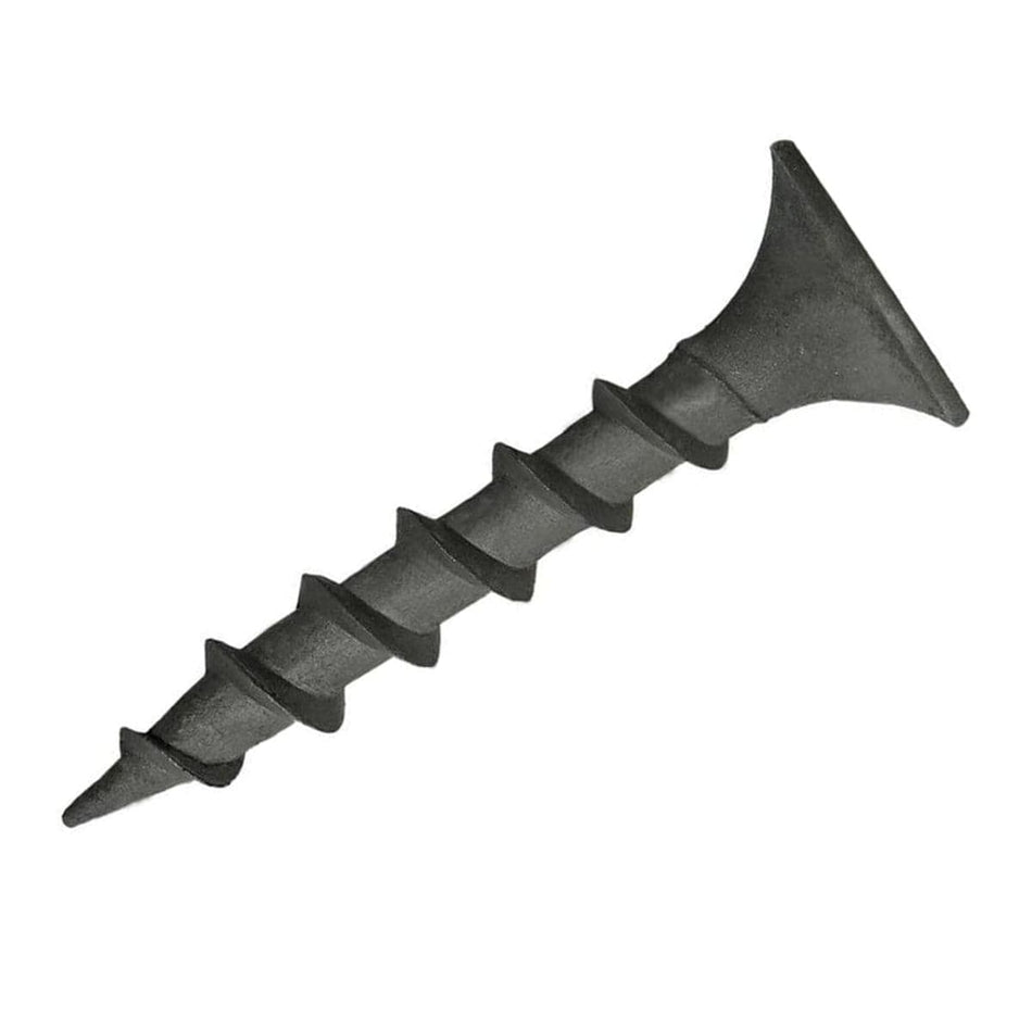 A detailed view of an individual Kratos coarse thread drywall screw featuring a sharp point and bugle head design for industrial construction and professional gypsum hanging.