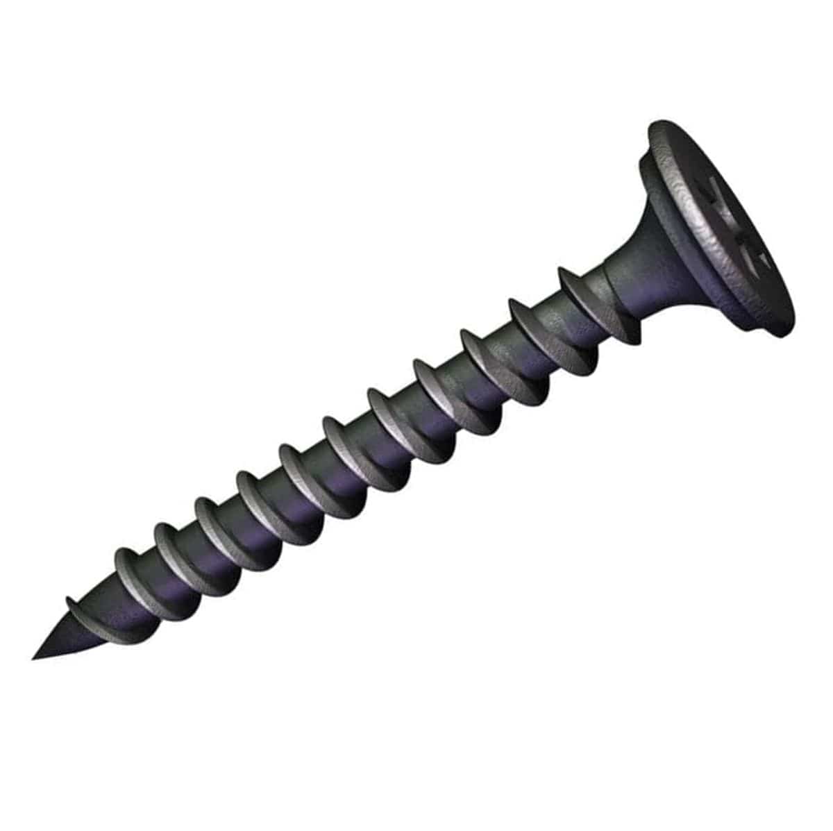 An individual Kratos #6 x 1-1/8 inch fine thread drywall screw featuring a sharp piercing point, protective black phosphate coating, and a reduced Phillips bugle head for light-gauge metal stud applications.