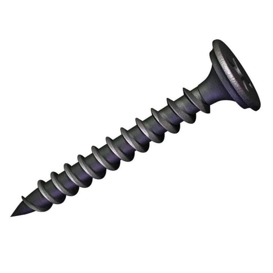 An individual Kratos #6 x 1-1/8 inch fine thread drywall screw featuring a sharp piercing point, protective black phosphate coating, and a reduced Phillips bugle head for light-gauge metal stud applications.