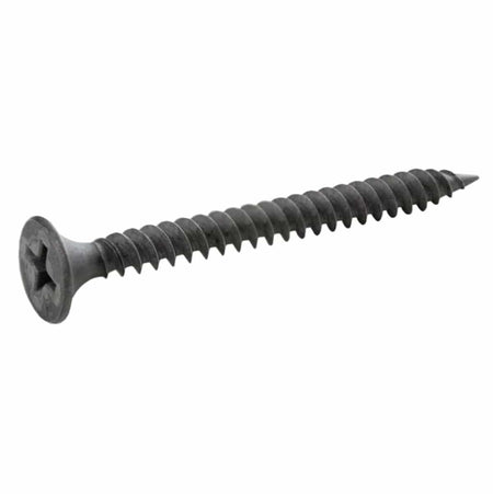 Individual Kratos #6 x 1-5/8 inch fine thread drywall screw featuring a sharp piercing point, protective black phosphate coating, and reduced Phillips bugle head for professional metal stud installation.