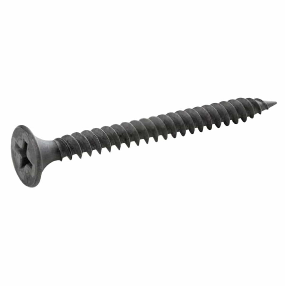 Individual Kratos #6 x 1-5/8 inch fine thread drywall screw featuring a sharp piercing point, protective black phosphate coating, and reduced Phillips bugle head for professional metal stud installation.