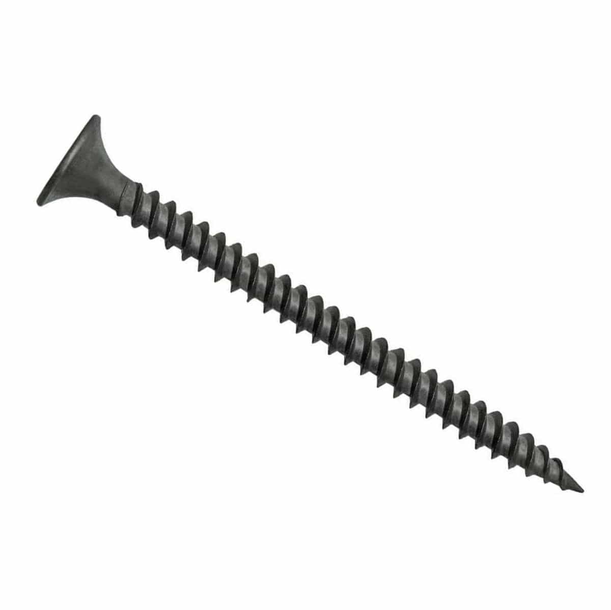 Diagonal view of a Kratos #8 x 2-1/2 inch fine thread drywall screw showcasing the length, sharp point, and Phillips drive bugle head.
