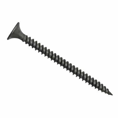 Diagonal view of a Kratos #8 x 2-1/2 inch fine thread drywall screw showcasing the length, sharp point, and Phillips drive bugle head.