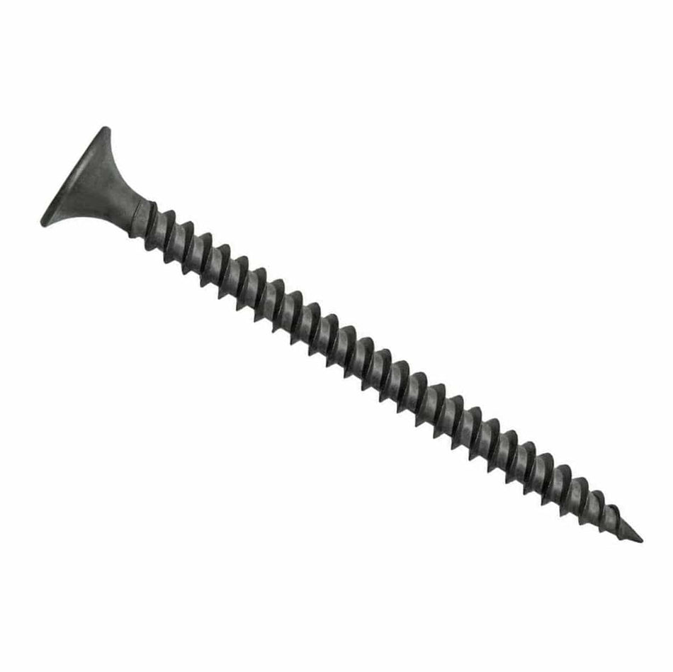 Diagonal view of a Kratos #8 x 2-1/2 inch fine thread drywall screw showcasing the length, sharp point, and Phillips drive bugle head.
