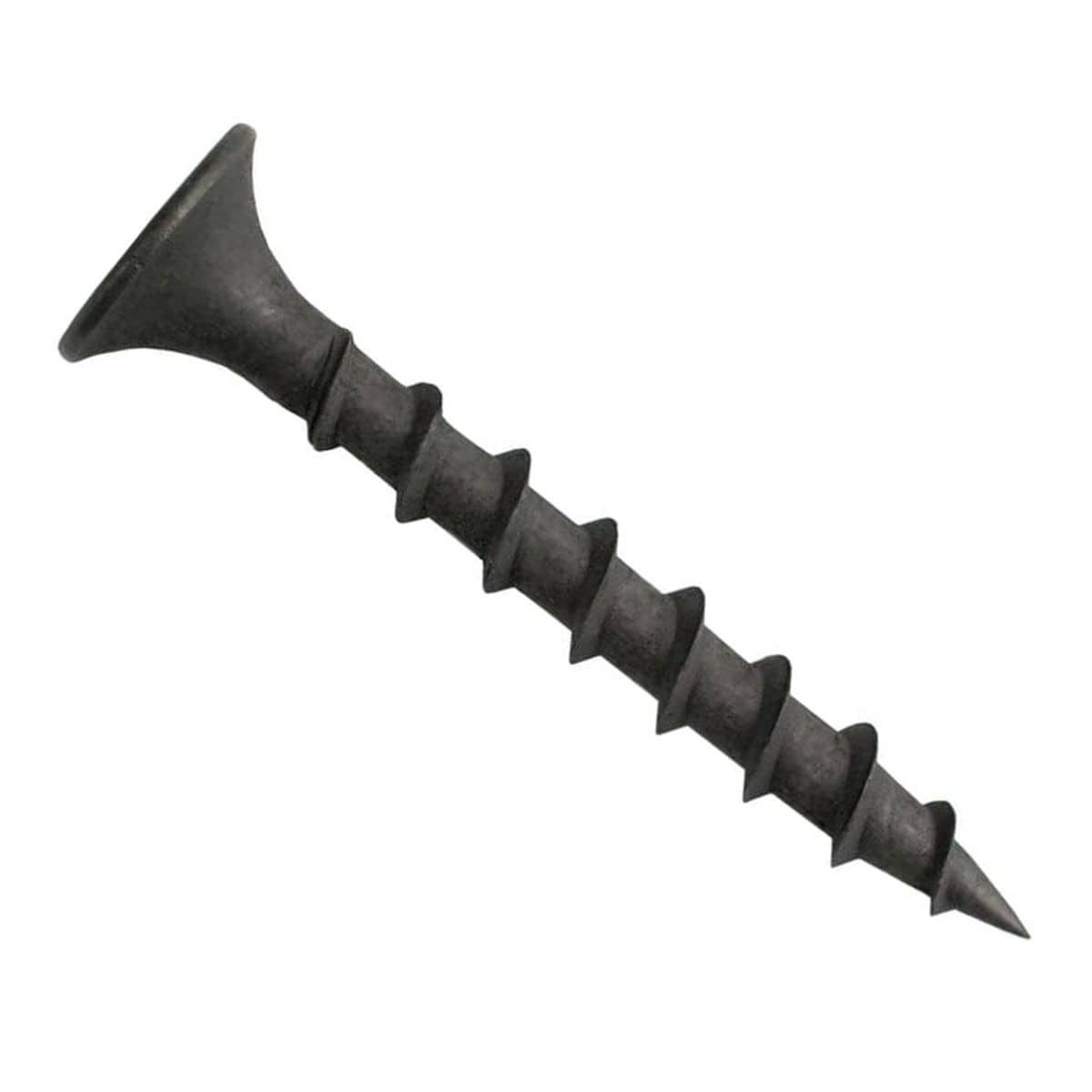A single Zeus Fasteners #6 x 1-1/4 inch coarse thread drywall screw showing the aggressive wood stud threads and industrial black phosphate coating.