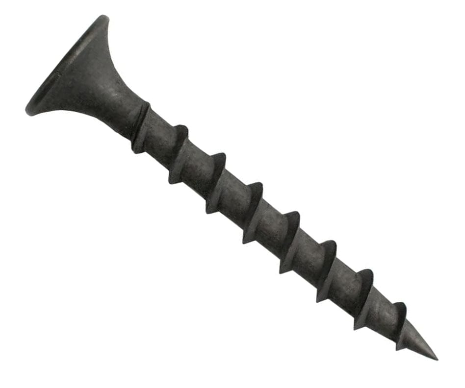 A single Zeus Fasteners #6 x 1-1/4 inch coarse thread drywall screw showing the aggressive wood stud threads and industrial black phosphate coating.