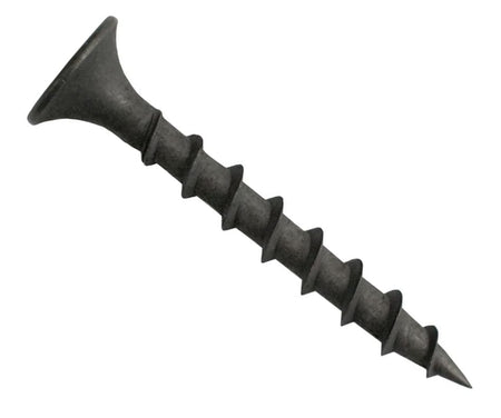 A single Zeus Fasteners #6 x 1-1/4 inch coarse thread drywall screw showing the aggressive wood stud threads and industrial black phosphate coating.