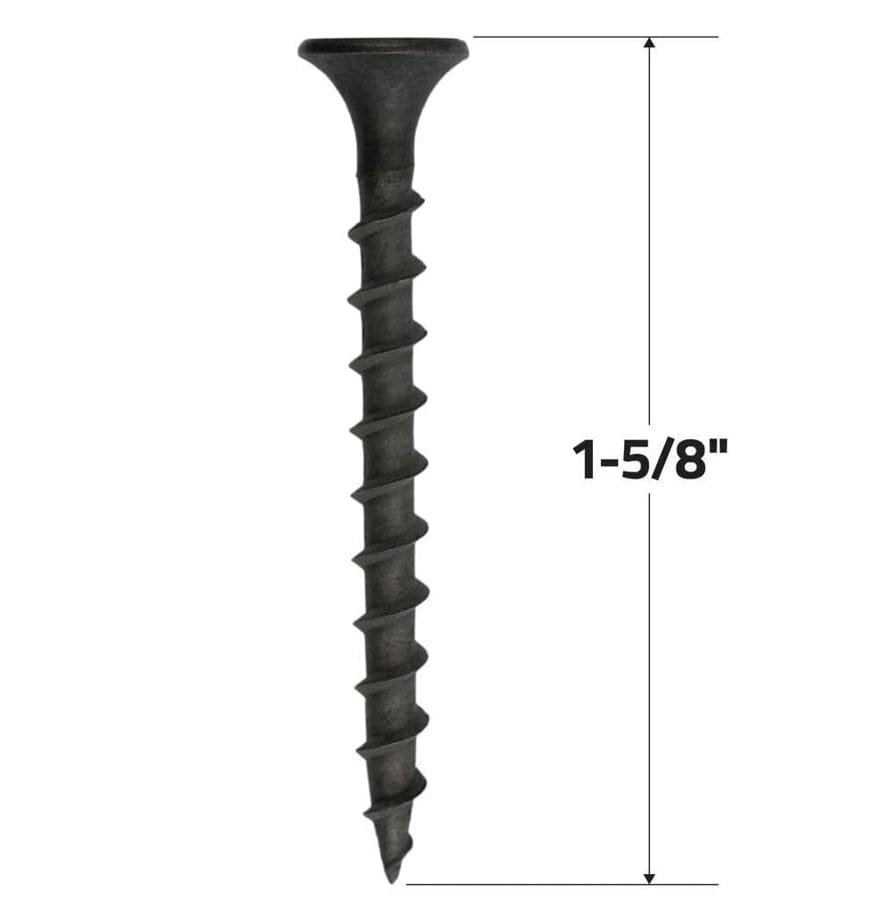 Full vertical profile of a Zeus Fasteners #6 coarse thread drywall screw with a diagram line indicating its 1-5/8 inch length.