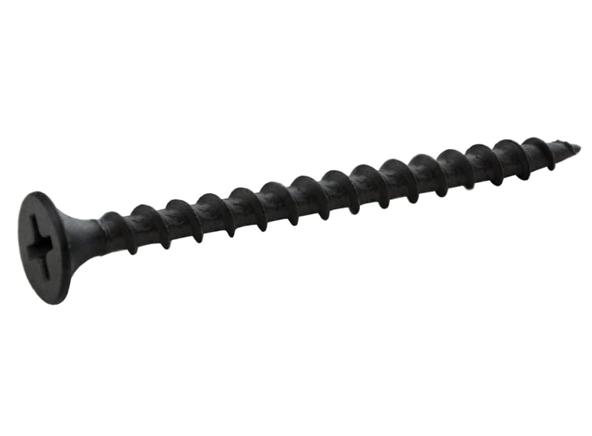High-resolution horizontal view of an individual Zeus Fasteners #6 x 2-inch coarse thread drywall screw in a black phosphate finish.