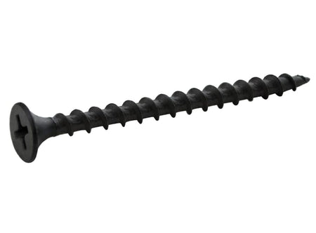 High-resolution horizontal view of an individual Zeus Fasteners #6 x 2-inch coarse thread drywall screw in a black phosphate finish.