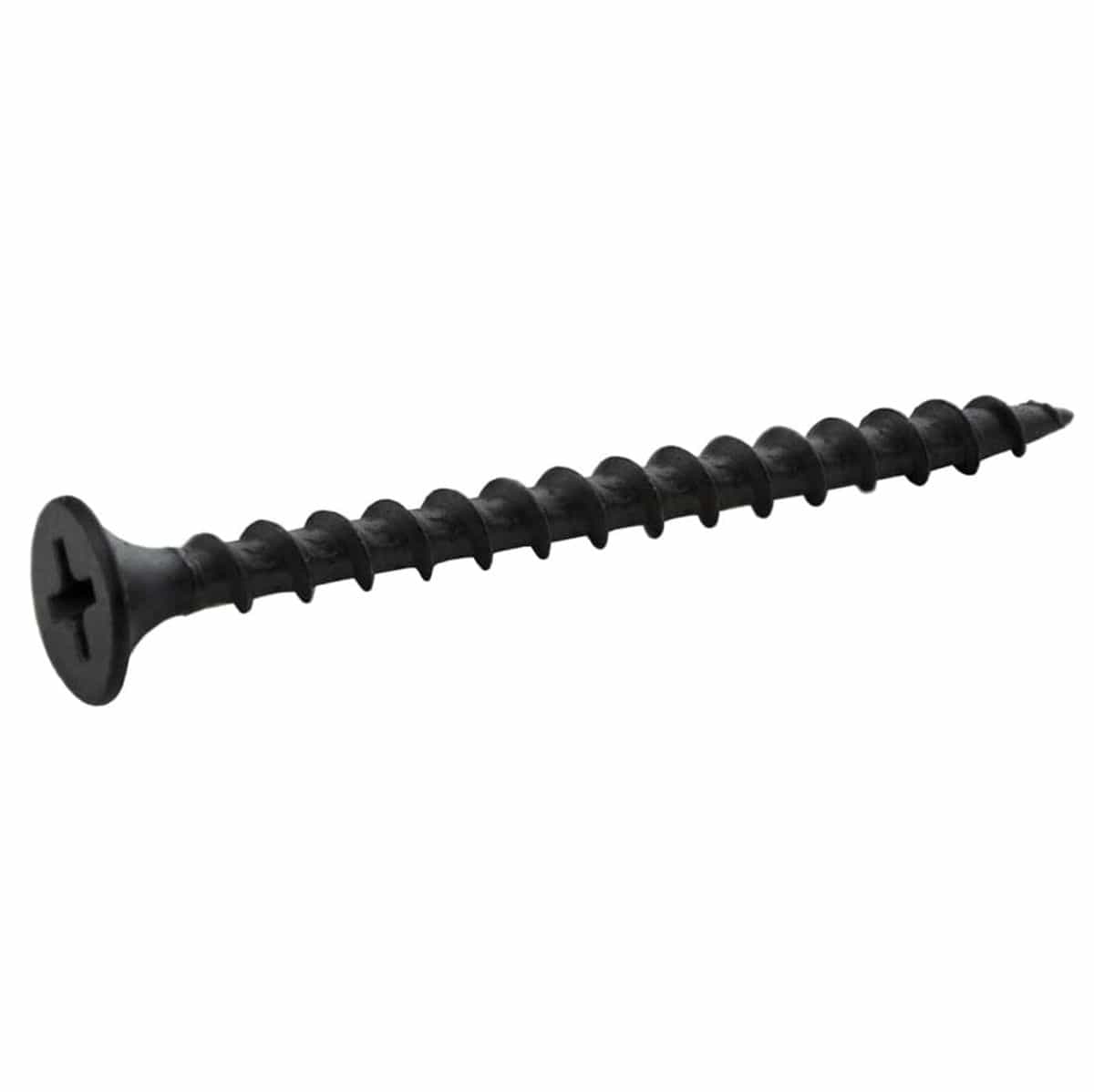 High-resolution horizontal view of an individual Zeus Fasteners #6 x 2-inch coarse thread drywall screw in a black phosphate finish.