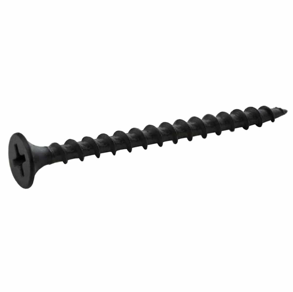 High-resolution horizontal view of an individual Zeus Fasteners #6 x 2-inch coarse thread drywall screw in a black phosphate finish.