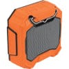 The image shows a portable speaker. It's mostly orange and black, with a grid-like speaker cover on the front. You can see the brand name "Klein Tools" on the speaker.