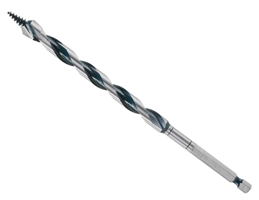 A straight-on shot of a metallic auger-style drill bit with a deep spiral flute running its entire length is shown. The bit has a threaded screw point at the top for starting holes and a hexagonal shank at the bottom for a secure grip.