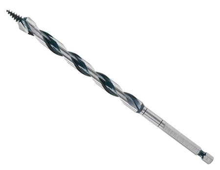 A straight-on shot of a metallic auger-style drill bit with a deep spiral flute running its entire length is shown. The bit has a threaded screw point at the top for starting holes and a hexagonal shank at the bottom for a secure grip.