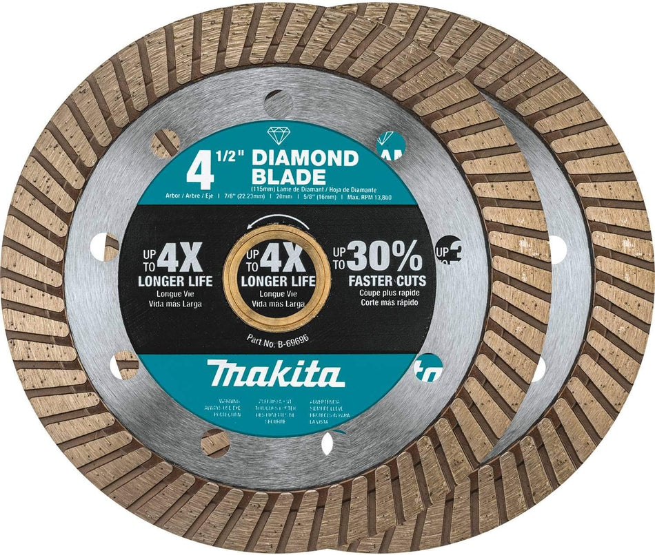 The image shows two Makita 4.5-inch diamond blades for cutting. The blades are silver with a teal center and have a segmented diamond rim for efficient cutting.