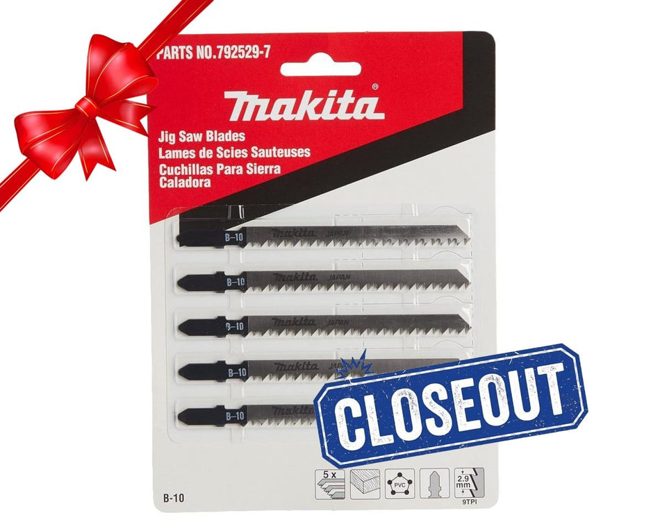 Pack of Makita jigsaw blades with a red bow and 'Closeout' label on a white background