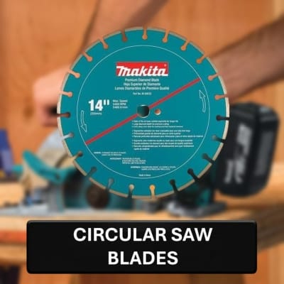 Makita circular saw blade with a blurred workshop background