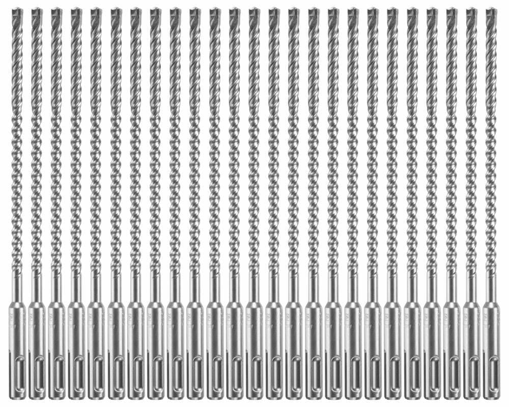 A bulk 25-pack of Bosch Bulldog Xtreme 1/4-inch SDS-Plus carbide drill bits for deep anchor drilling in reinforced concrete.