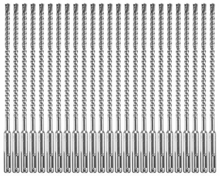 A bulk 25-pack of Bosch Bulldog Xtreme 1/4-inch SDS-Plus carbide drill bits for deep anchor drilling in reinforced concrete.