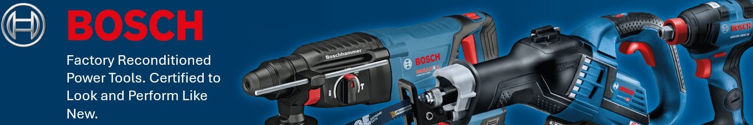 Four Bosch power tools, factory reconditioned but certified to look and perform like new.