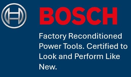 Black background with Bosch logo in red and silver above white text about factory reconditioned power tools 