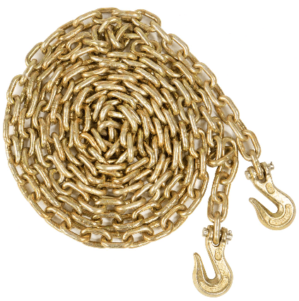 A coiled gold-colored metal chain with two hanging hooks, shown on a plain white background.