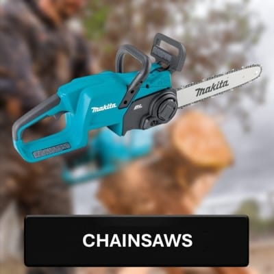 Makita chainsaw with a blurred background of a person using it.