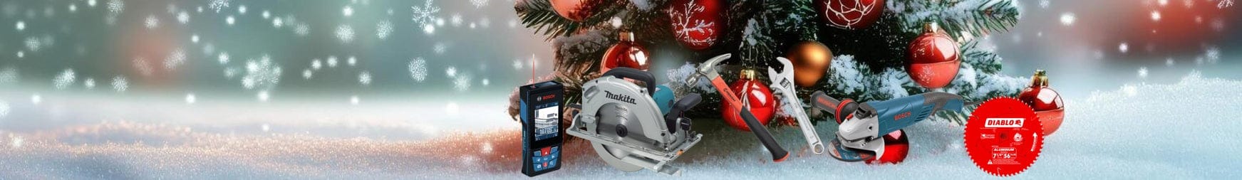 christmas tree banner with tools under the tree as gifts and snow in the background.