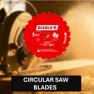 Red Diablo circular saw blade with a blurred background of a saw and wood.