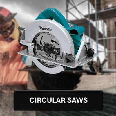 Makita circular saw with a blurred background of a construction site