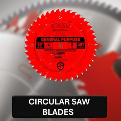 Red circular saw blade with 'Firewood' branding on a blurred background