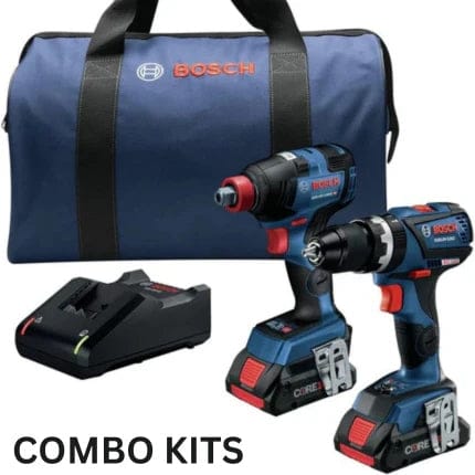 Bosch power tool kit showing an impact driver and drill, charger and carrying bag.