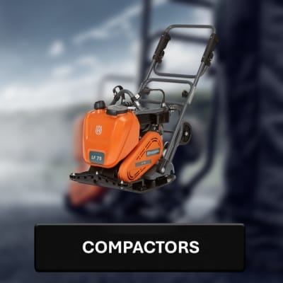 Orange compactor machine with a blurred background and 'COMPACTORS' text below.