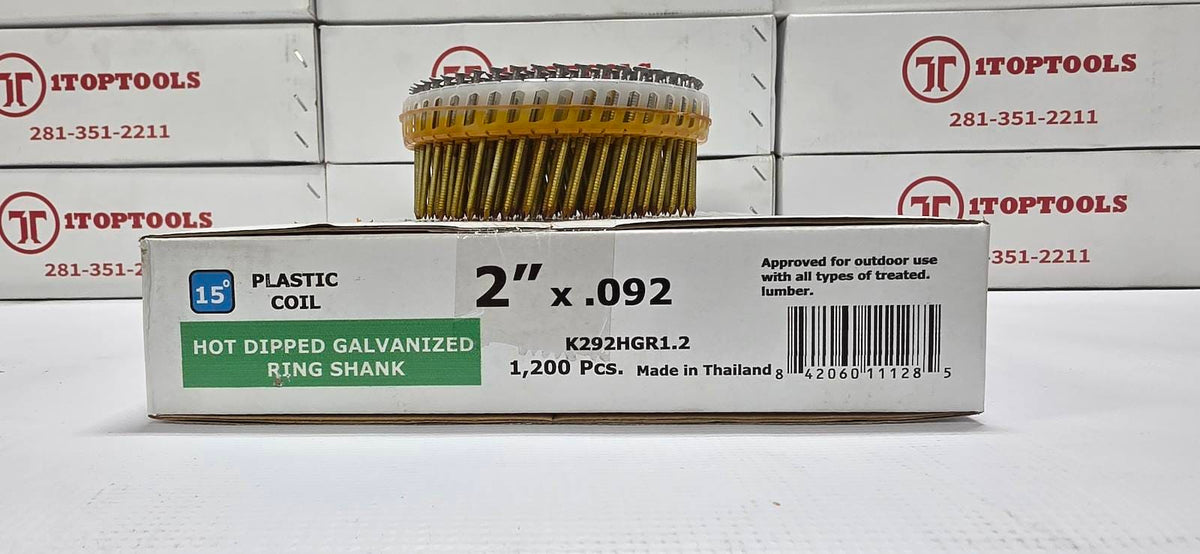 A box of ITO TOOLS plastic coil ring shanks, with one circular gold-toned coil visible on top of the white packaging. The front label reads 'HOT DIPPED GALVANIZED RING SHANK', '2" x .