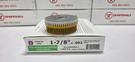 A hot-dipped galvanized ring shank coil by Itoptools, shown resting on its white retail packaging box. The coil features a silver-colored metal wire wrap with a gold-colored ring shank.