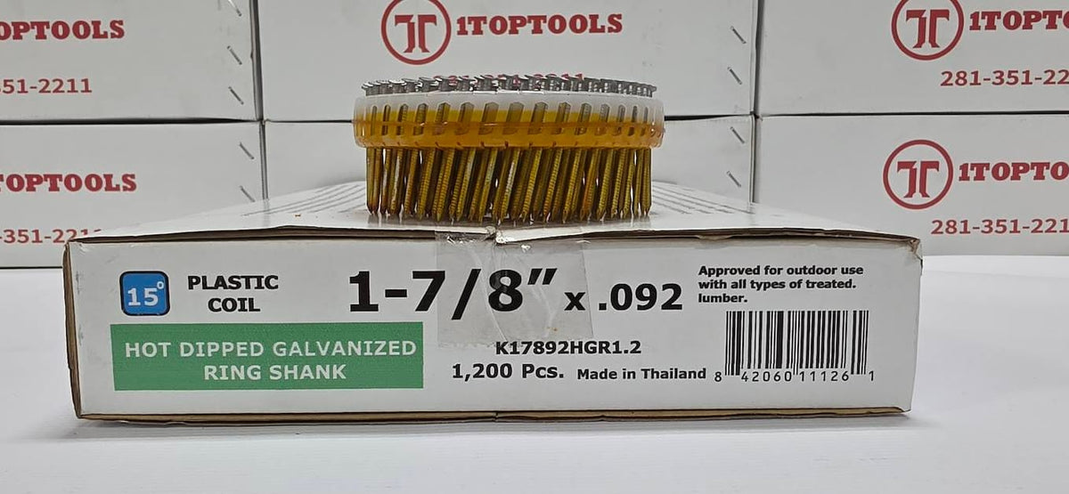 A coil of hot-dipped galvanized ring shanks in a clear plastic case with a white cardboard insert, shown in front of several branded Toptools boxes on a white surface.