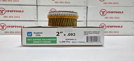 A box of TopTools K292NG1.2 plastic coil hot dipped galvanized smooth shank wire, with a single coil wound on a spool standing behind the packaging.