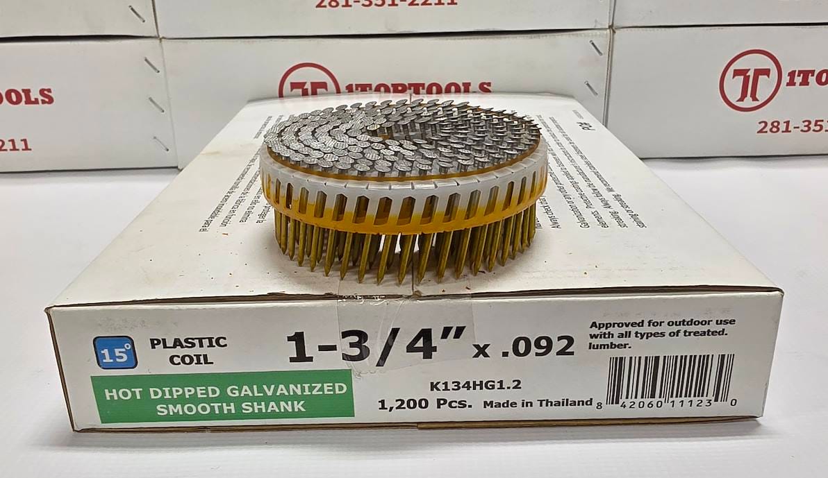 A coil of hot-dipped galvanized smooth shank nails in a circular arrangement, resting on top of its white retail packaging box. The box is labeled '1-3/4" x .